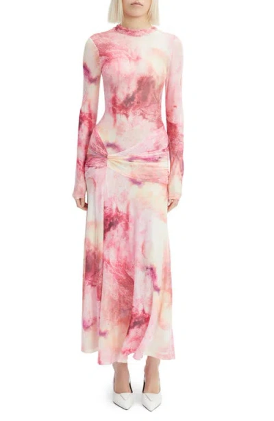 Bardot Lea Ruched Long Sleeve Mesh Maxi Dress In Pink Tie Dye