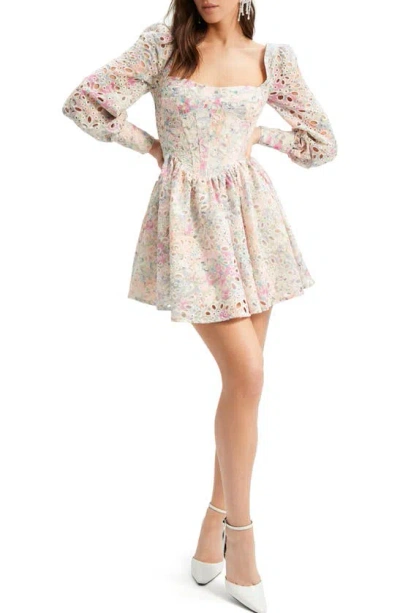 Bardot Lila Floral Eyelet Corset Long Sleeve Minidress In Multi