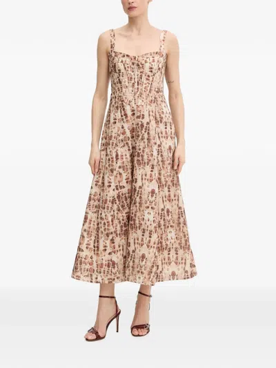 Bardot Lilah Abstract-print Corset-style Midi Dress In Brown