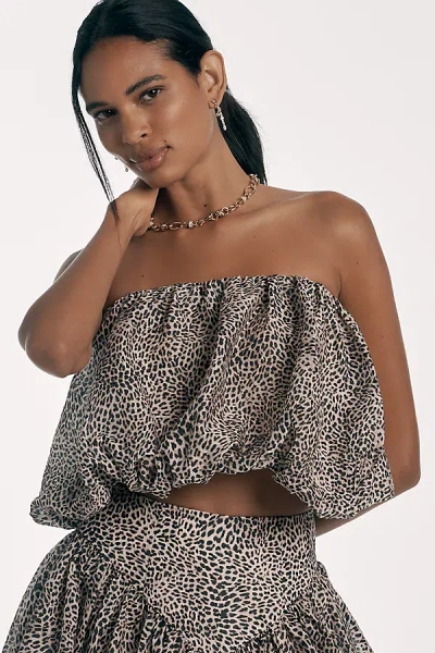 Bardot Lissett Leopard Strapless Bubble-hem Blouse In Beige