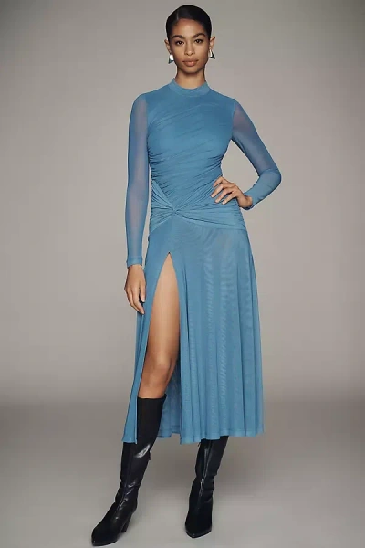 Bardot Liyana Long-sleeve Ruched Mesh Midi Dress In Dusty Blue