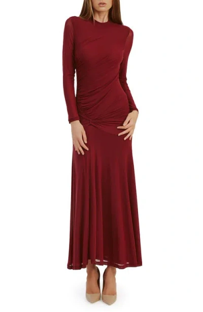 Bardot Liyana Ruched Long Sleeve Mesh Maxi Dress In Red