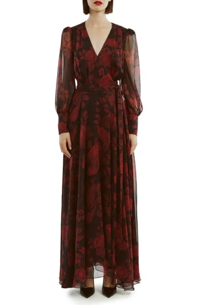 Bardot Lucianna Long Sleeve Maxi Wrap Dress In Red Floral