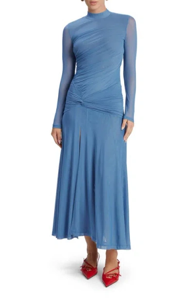 Bardot Lyana Ruched Long Sleeve Mesh Dress In Dusty Blue