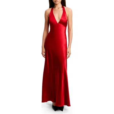 Bardot Magdalene Satin Plunge Halter Neck Dress In Red