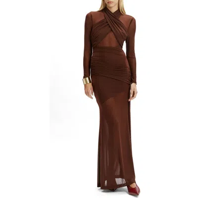 Bardot Marice Wrap Long Sleeve Mesh Maxi Dress In Brown