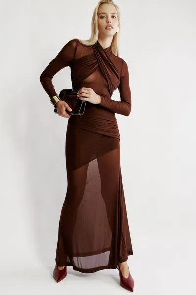 Bardot Marice Wrap Mesh Maxi Dress In Brown