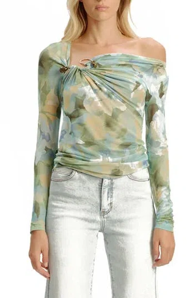 Bardot Marisol Asymmetric Mesh Top In Green Flo
