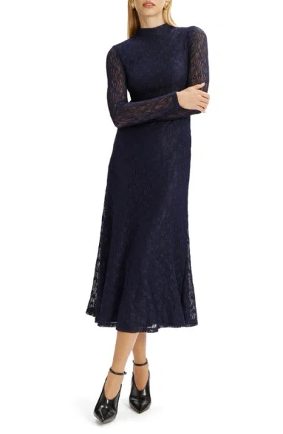 Bardot Ola Floral Lace Long Sleeve Midi Dress In Blue