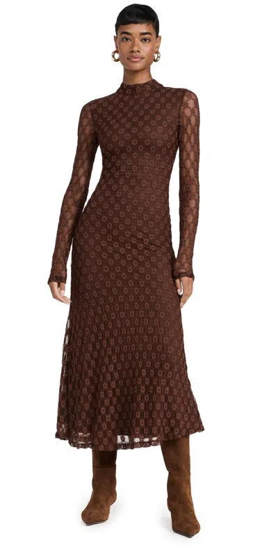 Bardot Floral-lace High-neck Midi Dress In Brown