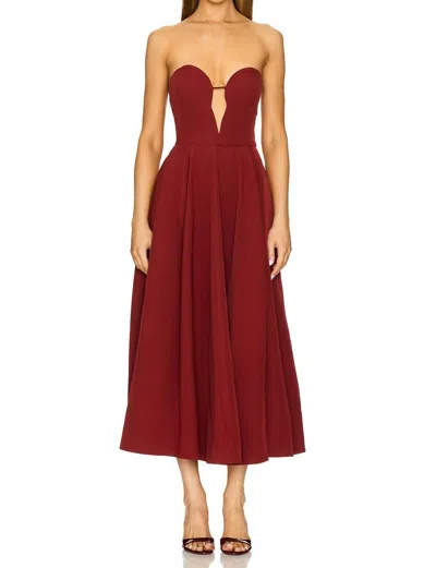 BARDOT OPAL STRAPLESS VOLUME MIDI DRESS IN BURGUNDY
