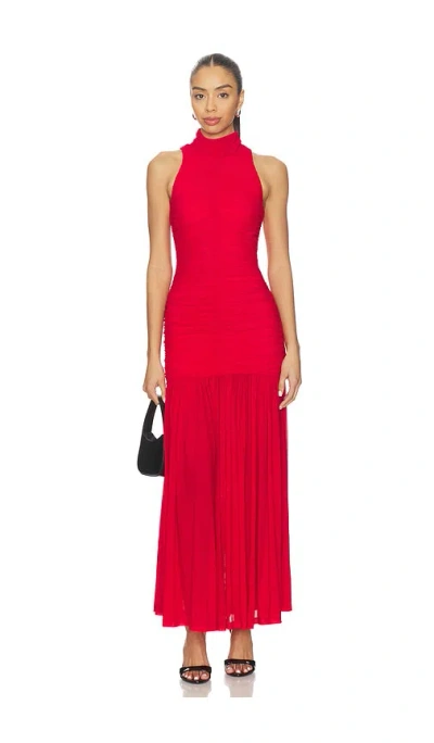 Bardot Orlana Sleeveless Racerneck Dropped Waist Ruched Mesh Maxi Dress In Red