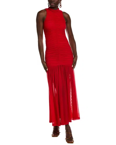 Bardot Orlana Sleeveless Racerneck Dropped Waist Ruched Mesh Maxi Dress In Red