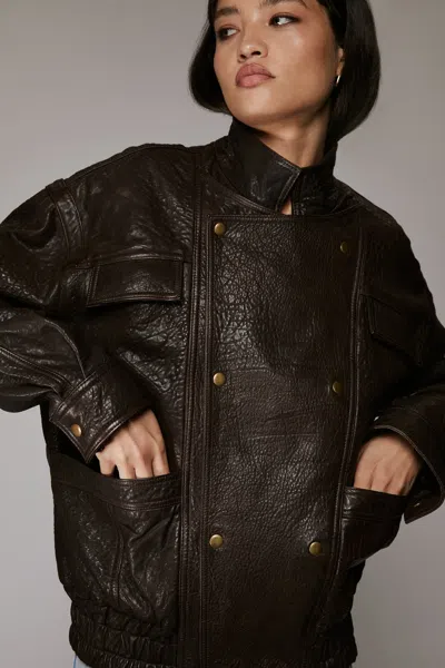 Bardot Oversized Leather Jacket In Brown