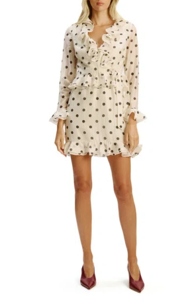 Bardot Polka Dot Frill Ruffle Long Sleeve Minidress In Neutral
