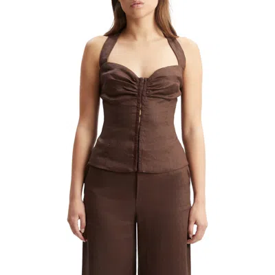 Bardot Rixton Smocked Linen Halter Top In Chocolate