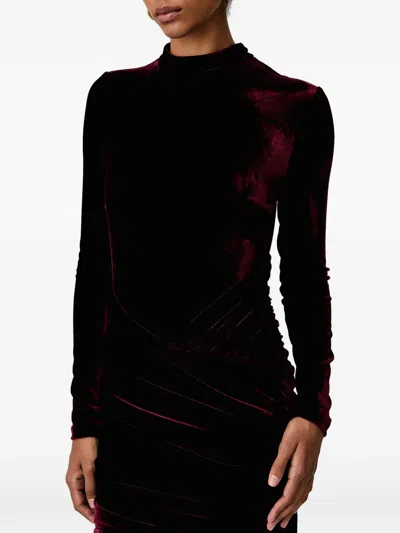 Bardot Ruched Velvet Dress In Burgundy