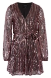 Bardot Sequin Stripe Long Sleeve Faux Wrap Minidress In Multi Pink