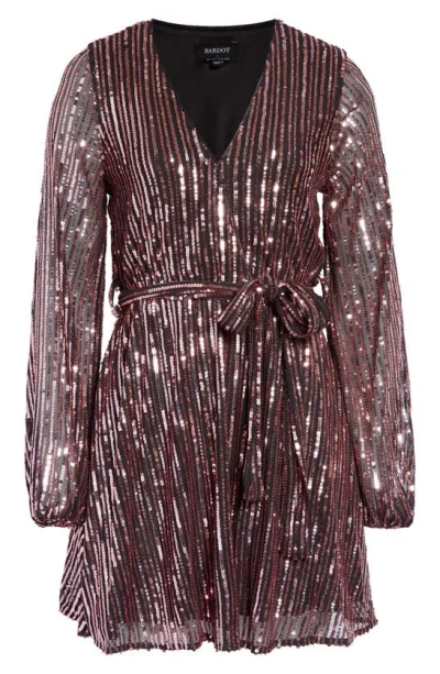 Bardot Sequin Stripe Long Sleeve Faux Wrap Minidress In Multi Pink