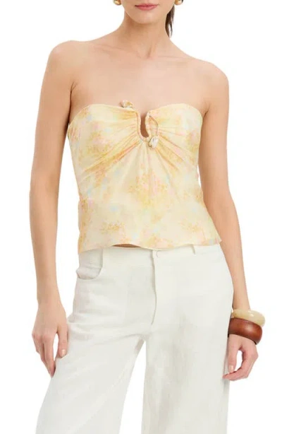 Bardot Serafina Floral Linen Strapless Top In Yellow