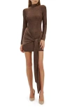 BARDOT BARDOT SERAPHINA METALLIC LONG SLEEVE TIE FRONT COCKTAIL MINIDRESS