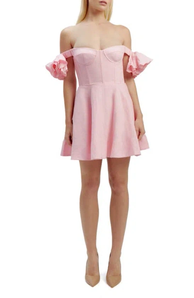 Bardot Sigma Corset Off The Shoulder Linen Minidress In Baby Pink
