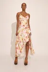 Bardot Sorella Printed Satin V-neck Draped Asymmetrical Ruffle Midi Dress In Sunset Fl