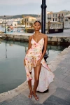 Bardot Sorella Printed Satin V-neck Draped Asymmetrical Ruffle Midi Dress