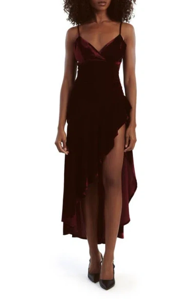 Bardot Sorella Velour Asymmetric Midi Dress In Burgundy