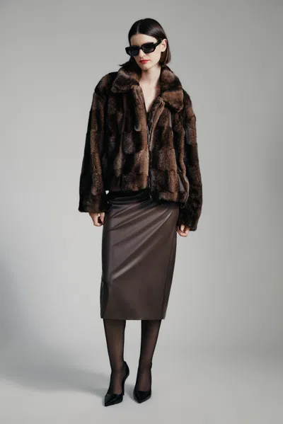 Bardot Sylvie Zip Faux Fur Jacket In Dark Choco