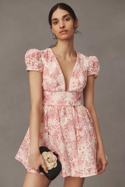 Bardot Tamarin Broderie Short-sleeve V-neck Embroidered Mini Dress In Pink
