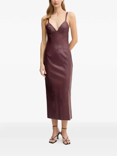 Bardot V-neck Faux-leather Midi Dress In Brown