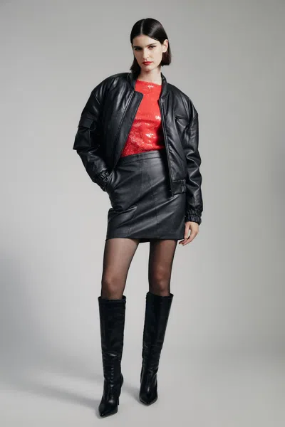 Bardot Vegan Leather Bomber Jacket In Black
