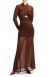 Bardot Veria Front Wrap Long Sleeve Mesh Gown In Brown
