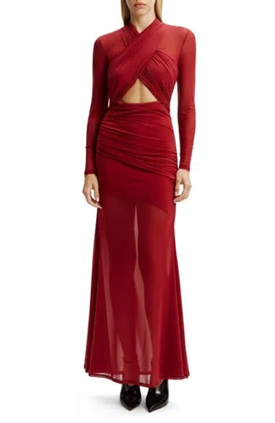Bardot Veria Front Wrap Long Sleeve Mesh Gown In Burgundy