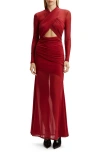 Bardot Veria Front Wrap Long Sleeve Mesh Gown In Red