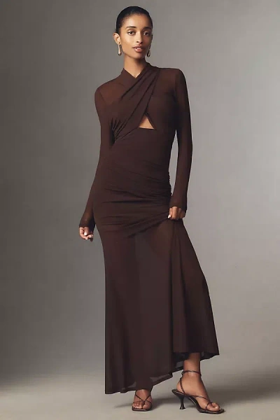 Bardot Veria Long-sleeve Wrap Mesh Maxi Dress In Brown