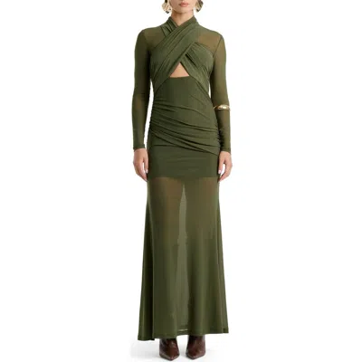 Bardot Veria Long Sleeve Wrap Mesh Maxi Dress In Khaki