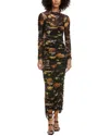Bardot Althea Floral Long Sleeve Ruched Mesh Midi Dress In Black