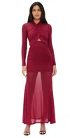 Bardot Veria Front Wrap Long Sleeve Mesh Gown In Red
