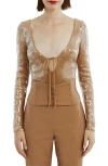 Bardot Verona Sequin Long Sleeve Bodysuit In Beige