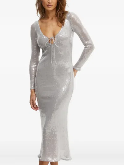 Bardot Verona Sequin Tie-neck Midi Dress In Silver