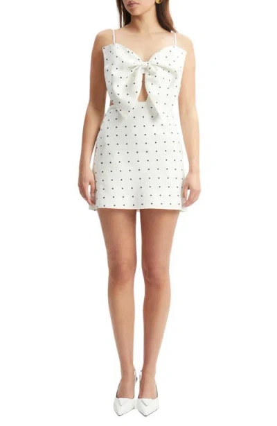Bardot Vieda Bow Linen Minidress In White Black Spot