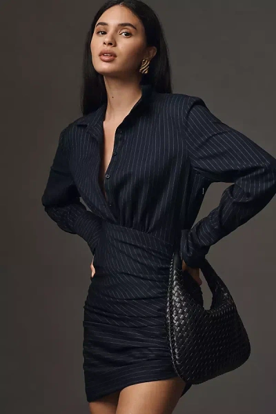 Bardot Viera Long-sleeve Pinstripe Ruched Mini Shirt Dress In Blue