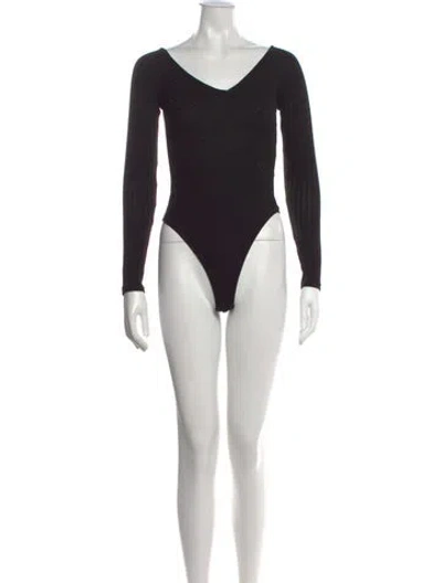 Pre-owned Bardot V-neck Long Sleeve Bodysuit In Black