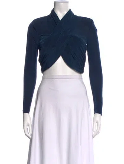 Pre-owned Bardot V-neck Long Sleeve Crop Top In Blue
