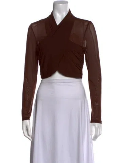 Pre-owned Bardot V-neck Long Sleeve Crop Top In Brown