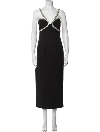 Pre-owned Bardot V-neck Midi Length Dress In Black