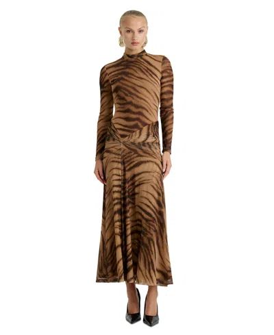 Bardot Mesh High Neck Long Sleeve Ruched Waist High Split Maxi Dress In Brown