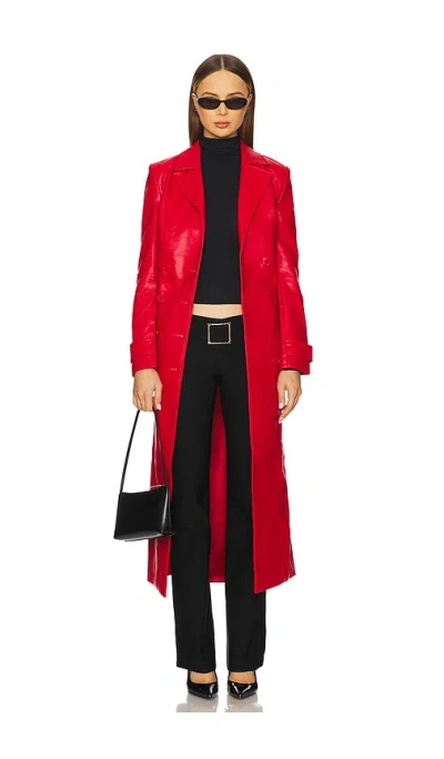 Bardot X Revolve Faux Leather Longline Coat In Famous Red